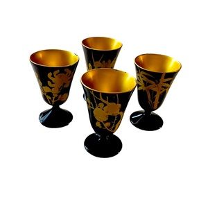 Vintage set of four bamboo black lacquer with gold floral design shot glasses